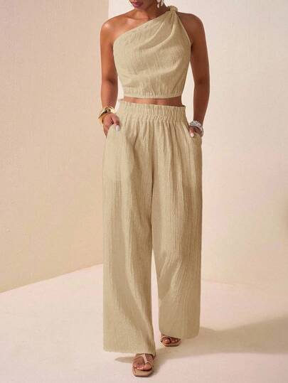 Zivah 2025 Summer New Music Festival, Easter, Mother's Day, Western Style, Nomadic Style, Birthday Party, Graduation Season, Student Wear, Daily Casual, Basic Versatile, Leisure, Vacation, Cruise Travel, Beach, Sunbathing, Viral Hit, Elegant, Commute, Business Casual, One-Shoulder, Twist, One-Shoulder, Open Back, Cropped Women's Top And Straight Loose Pants, Ruffle Hem, Pockets, Textured Fabric, White, Women 2 Pieces Set