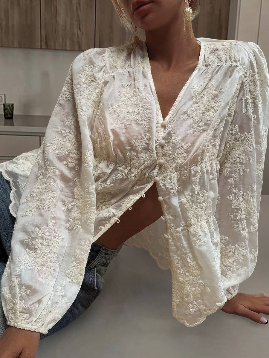 DAZY Women's Textured Embroidered Ditsy Floral Loose V-Neck Drawstring Casual Summer Blouse Going Out Tops Women - White - View 1