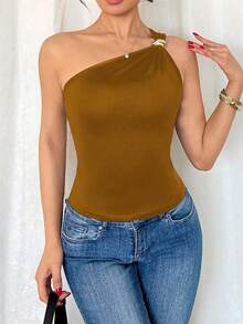 RosyDaze Women's Black Sexy Metallic Pleated Sleeveless Bodysuit One Shoulder Top One Sleeve Top Brown Top One Shoulder Blouse - Rust Brown - View 6