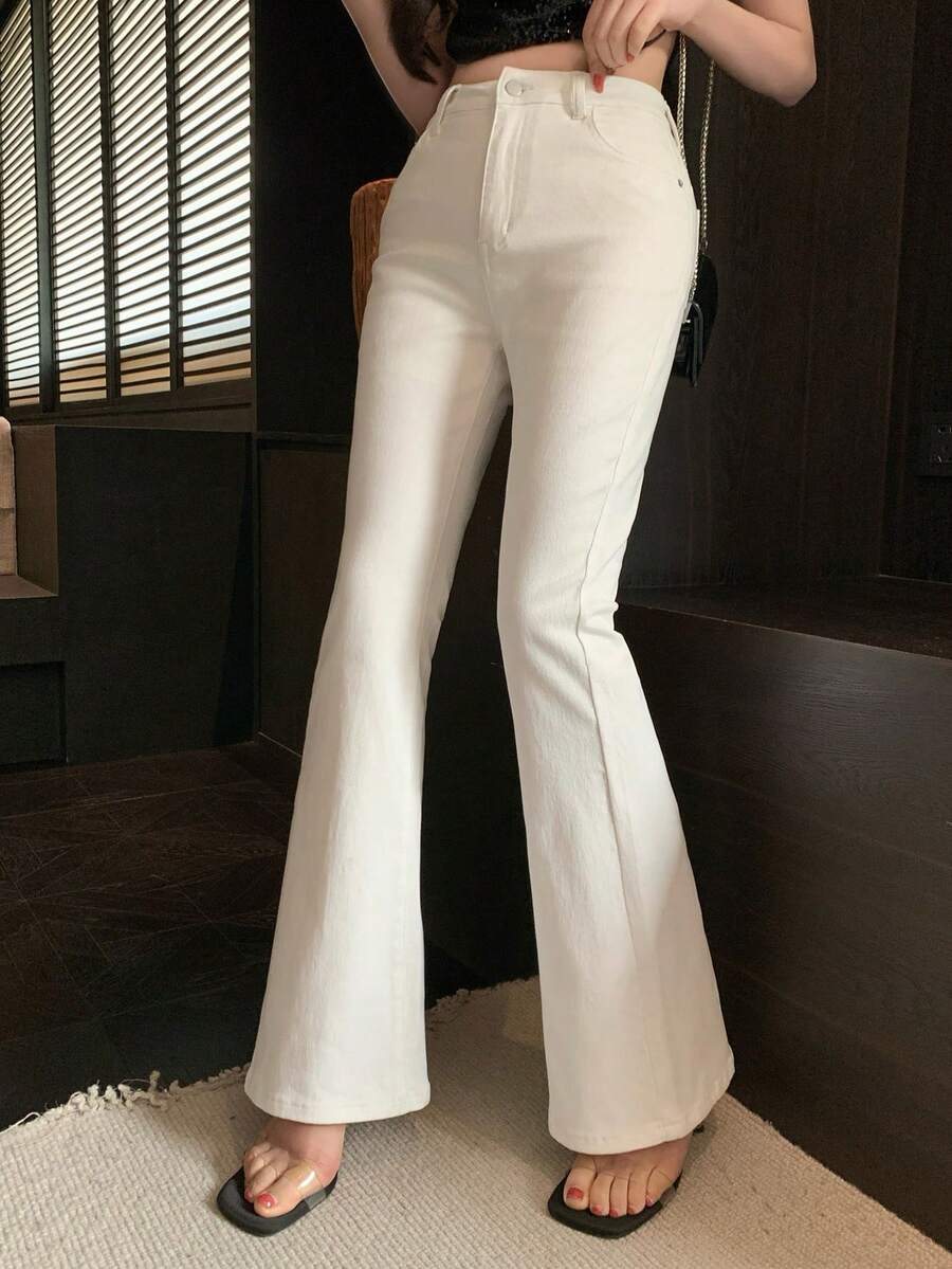 DAZY 女士休闲喇叭牛仔裤，街头风，适合夏季、春季和秋季穿着 - 白色 - 查看 1