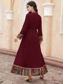 Al Najma Women's Bohemian Style Cutout Neck Patchwork Print Waist Maxi Dress, Suitable For Spring And Autumn - Burgundy - View 7