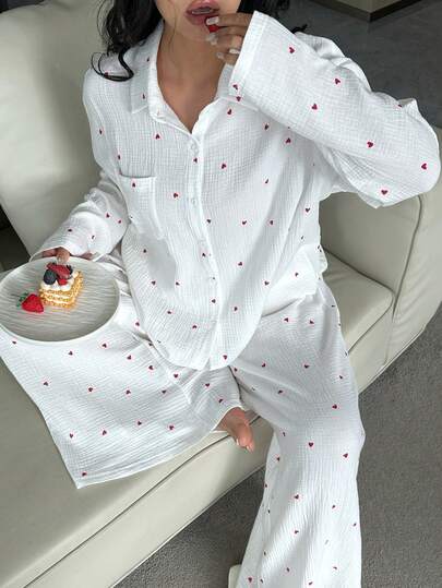 Dazy Plus Herz-Muster Locker sitzende Langarm-Top und lange Hose Pyjama Set, Große Größen Damen Frühling/Herbst Nachtwäsche