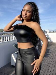 Tyla Gomez Fuzzy Trim PU Leather Tube Going Out Black Top - Black - View 6