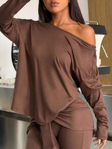 SHEIN EZwear 1件女士棕色纯色落肩长袖扭结后背休闲T恤 - 咖啡棕 - 查看 5