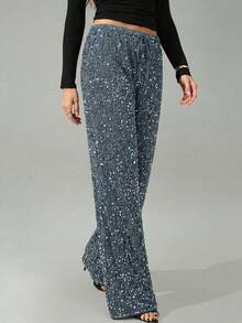 SHEIN Tall 女士黑色丝绒亮片休闲/音乐会/鸡尾酒会/夜生活/嘉年华抽绳阔腿裤 - 灰色 - 查看 4