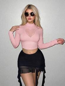 Sweetina Y2k Black Mock Neck Heart Mesh Insert Club Crop Tee - Pink - View 5