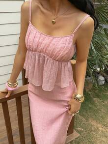 Livesso Spring & Summer Textured Pink Camisole Top And Bodycon Skirt Set, Ruffled Hem, Elegant For Valentine's Day, Wedding, Casual, Beach, Commute - Pink - View 8