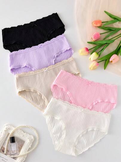 5pcs/Pack Girls' Lace Trim Bow Decor Soft Comfortable Minimalist Striped Panties, Mid-Waist Briefs
