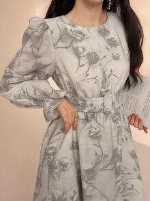 DAZY Vestido elegante de mujer con estampado floral, cuello redondo y mangas acampanadas - Gris - Ver 2