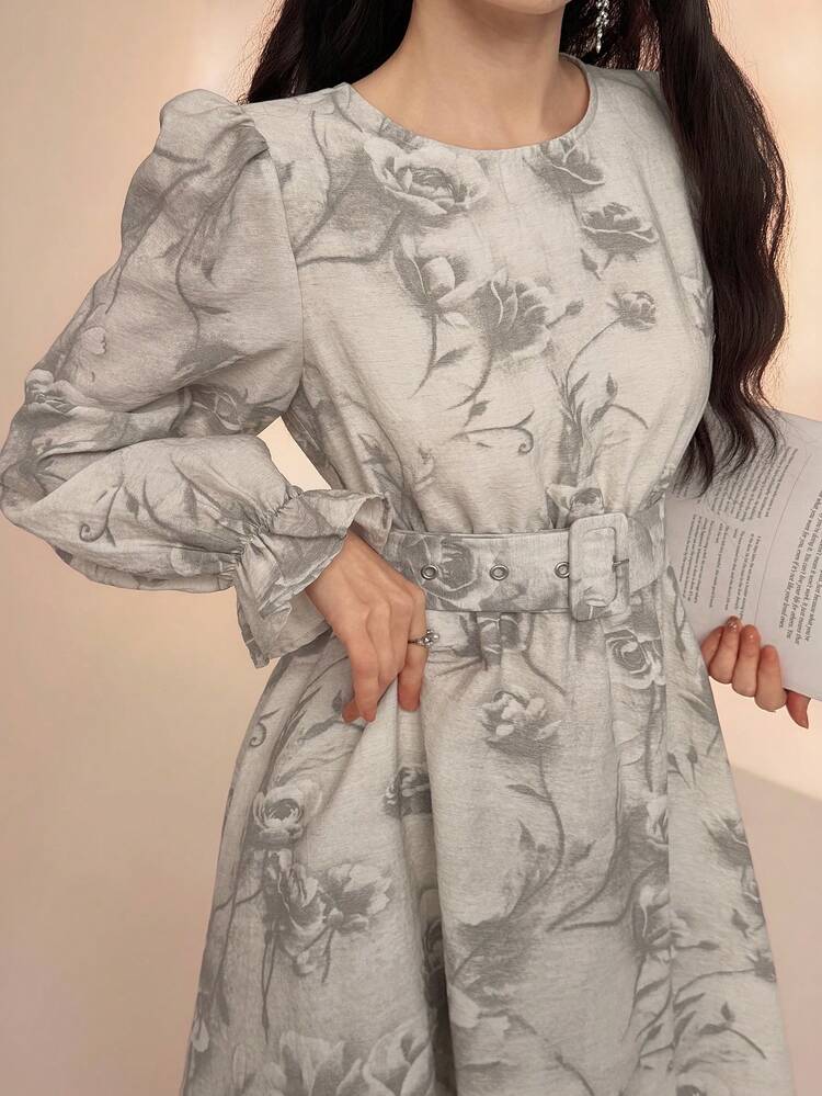 Women's Floral Print Round Neck Flare Sleeve Elegant Dress Sundress