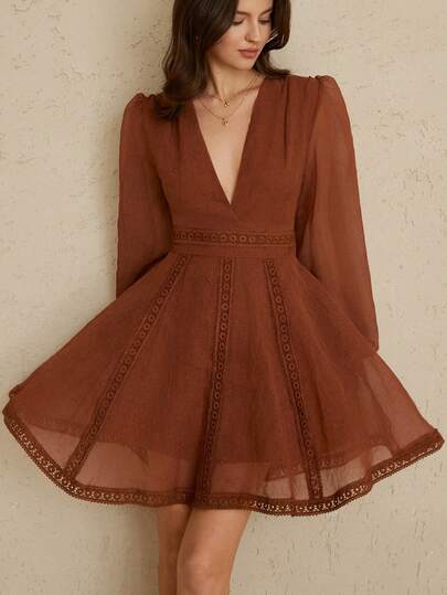 Aveloria Rosie Brown Lace Dress, Handmade Woven Hollow-Out Craft, Elegant Vintage Style Suitable For Formal Occasions, Parties, Autumn/Winter, Deep V-Neck Design, Puff Sleeve Element, Waist-Slimming A-Line Silhouette, Sheer Silk-Like Fabric. Key Features: Lace Dress, Hollow-Out Decor, Vintage Dress, Deep V Design, Long Sleeve Dress, Waist-Slimming, Linen-Like, Party Dress. Linen-Feel Ruffle Trim V-Neck Vacation Style Long Sleeve Dress