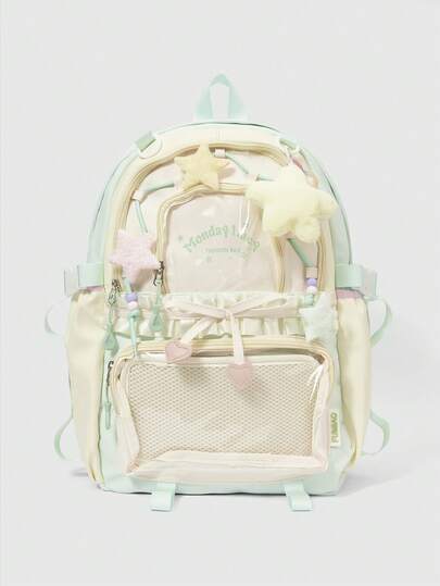 ROMWE Kawaii 1 件拼色星星装饰背包，大容量适合旅行、购物、度假、学校返校必需品、学校用品、学校背包、书包、学校背包、返校背包、学校书包、大背包、学校背包、返校包、轻便、经典休闲、可爱、适合少女、女大学生，非常适合返校、开学第一天、小学、户外、旅行、郊游、海滩、假日、音乐会