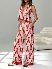 SHEIN EZwear 女士休闲度假两件套，度假装，夏季装，龙虾印花，适合海滩穿着 - 彩色 - 查看 7