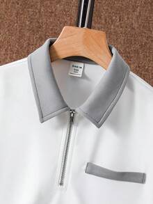 SHEIN 两件套男童休闲校服/学院撞色拼接 Polo 领衬衫短裤套装，适合通勤、上学、日常休闲、运动、春夏穿着。 - 彩色 - 查看 4