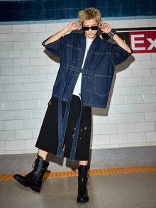 ROMWE MEN Friday the 13th X ROMWE 男士宽松牛仔衬衫，带缎带 - 黑色 - 查看 3