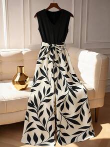 Franclia New Fashionable Plant Print V-Neck Color Block Wide Leg Jumpsuit - Multicolor - View 1