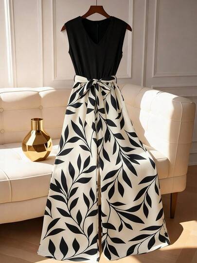 Franclia New Fashionable Plant Print V-Neck Color Block Wide Leg Jumpsuit