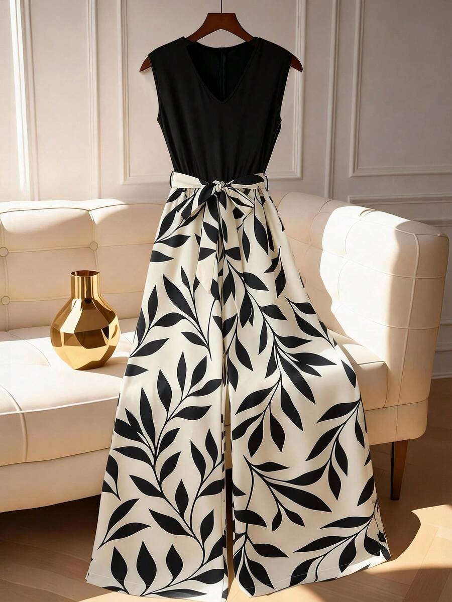 Franclia New Fashionable Plant Print V-Neck Color Block Wide Leg Jumpsuit - Multicolor - View 1
