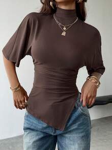 Chiquease Áo kiểu nữ màu nâu thanh lịch, cổ cao, tay cánh dơi, dáng ngắn, xẻ tà không đối xứng, thích hợp mặc hàng ngày/đi nghỉ mát/hẹn hò/công sở. - màu nâu - Xem 6