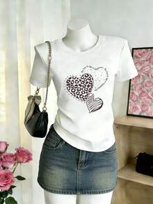 Resyla Áo thun nữ cổ tròn tay ngắn họa tiết trái tim in họa tiết da báo - trắng - Xem 5