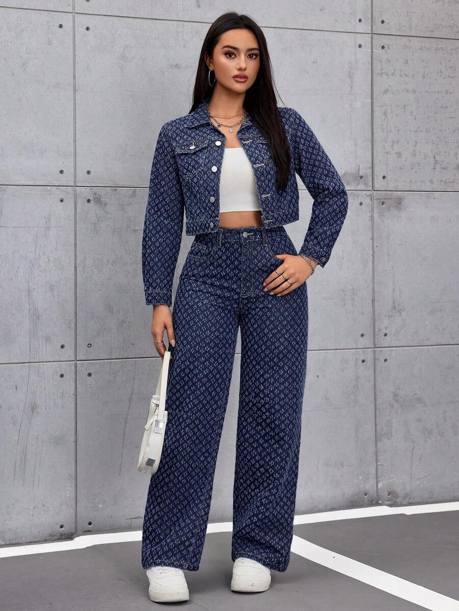 SHEIN ICON 女士复古宽松直筒阔腿牛仔裤 - 深色水洗藍 - 查看 1