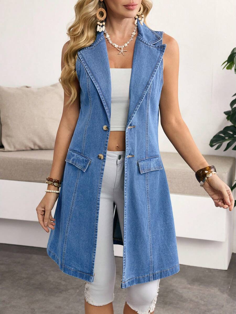Breezaya Women's Lapel NeckSingle-Breasted Denim Jacket - Blue - View 1