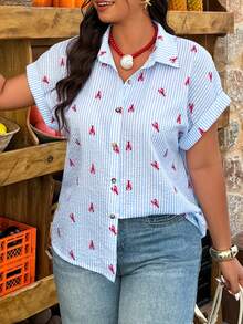 Breezaya 女士宽松条纹龙虾印花休闲上衣，适合日常和度假穿着，春夏款 - 藍白色 - 查看 1