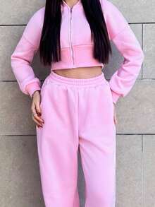 Hitanina 女式春季时尚粉色拉链连帽运动衫和裤子两件套 - 粉色 - 查看 4