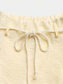 EMERY ROSE Women's Casual Linen Waist Rope Decor Discounted Detail Relaxed Vacation Spring/Summer Basic Shorts - Light Yellow - View 9