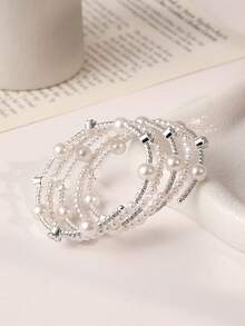 Enchnt 1 件新款时尚 5 排多层水晶珍珠扭纹袖口手链，适合女士和女孩的新娘婚礼礼物 - 銀色 - 查看 2