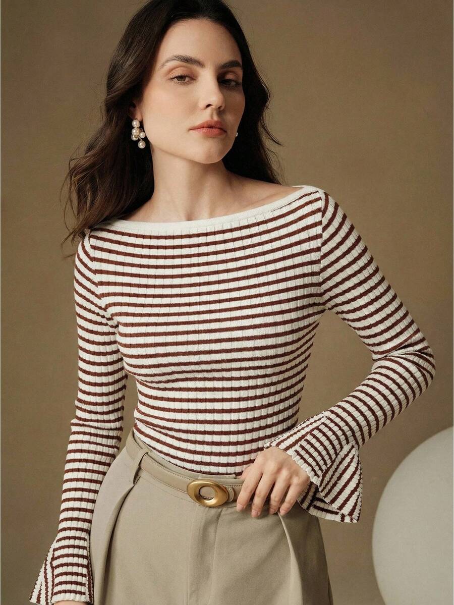 Anewsta Women's Spring/Summer Knit Sweater, French Elegant Elegant Versatile Bodycon Off-Shoulder Striped Flare Sleeve Knit Top - Coffee Brown - View 1