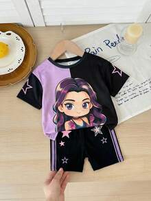 SHEIN 2pcs Baby Girl Knitted Crew Neck Cute Girl Pattern Casual T-Shirt And Shorts Set - Multicolor - View 7