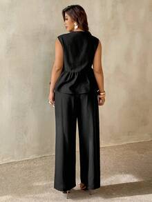 Auralis Plus Size Solid Color Deep V-Neck Top And Pants 2 Pieces Set, Summer Outfits - Black - View 3