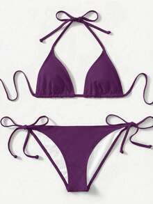 SHEIN Swim Bộ bikini buộc dây cổ màu trơn gợi cảm dành cho nữ, thích hợp cho mùa hè đi biển. - Màu Đỏ Sâu - Xem 1