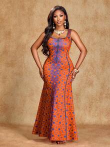 SHEIN LUNE Vestido elegante y sexy para mujer, vestido sin mangas de escote en V, ropa tradicional sudafricana, atuendo para fiestas y té de la tarde, estampado artístico, colores de moda de primavera y verano, vestido para sesión fotográfica artística, ropa para festival de música, ropa de verano para mujer - Naranja - Ver 7