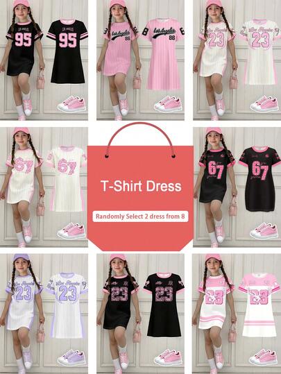 2pcs/Set Tween Girl Casual Stylish Creative Personalized Refreshing Minimalist Chic Numeric 95 Numeric 67 Numeric 23 Numeric 86 Striped Badge Eagle Star Flower Butterfly Letter Graphic Print Short Sleeve T-Shirt And Skirt Set, Comfortable Daily Wear, Suitable For Spring, Summer, Autumn, Cozy Summer And Fall Styles, Tops