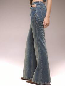 MUSERA Quần jeans ống loe cạp thấp, cạp chéo, chất liệu denim mài, chỉ dành cho mùa đông, phong cách đường phố dễ thương, đi chơi, thường ngày, kiểu phương Tây, bạc màu, thích hợp cho mùa hè. - Màu xanh lam - Xem 3