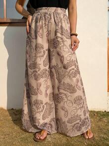 Vivie Lora 女士弹力腰带休闲百搭日常阔腿裤，腰果印花 - 卡其色 - 查看 5