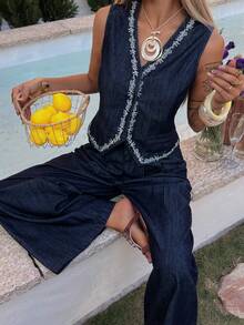 DAZY Women's Casual Denim Vest And Jeans Set, Summer - Blue - View 4