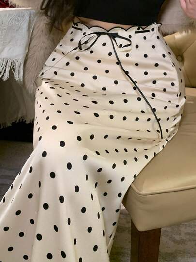 Spring & Summer Polka Dot Allover Print Waist Tie Bow Contrast Color Cocktail Party Wedding Formal Mermaid Bodycon Skirt For Women