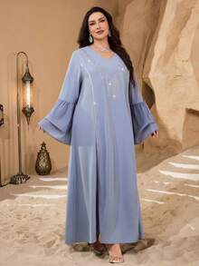 Al Najma Plus Size Middle Eastern V-Neck Pearl Trim Decor Long Sleeve Puff Cuff Rhinestone Embellished Loose Fit Shiny Comfortable Party Maxi Dress - Dusty Blue - View 6
