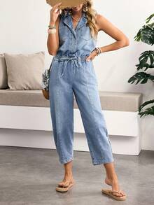 Breezaya Women's Casual Denim Jumpsuit With Lapel Collar And Waist Tie Design, Suitable For Daily Wear - Blue - View 7