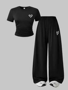 SHEIN ChillGRL 少女两件套：修身圆领短袖T恤和高腰阔腿裤，弹力针织面料，心形印花装饰，适合春夏休闲穿着。 - 黑色 - 查看 5