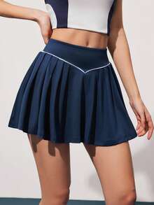 CourtClass 女士撞色滚边松紧腰褶皱时尚高尔夫裙 - 藏蓝色 - 查看 4