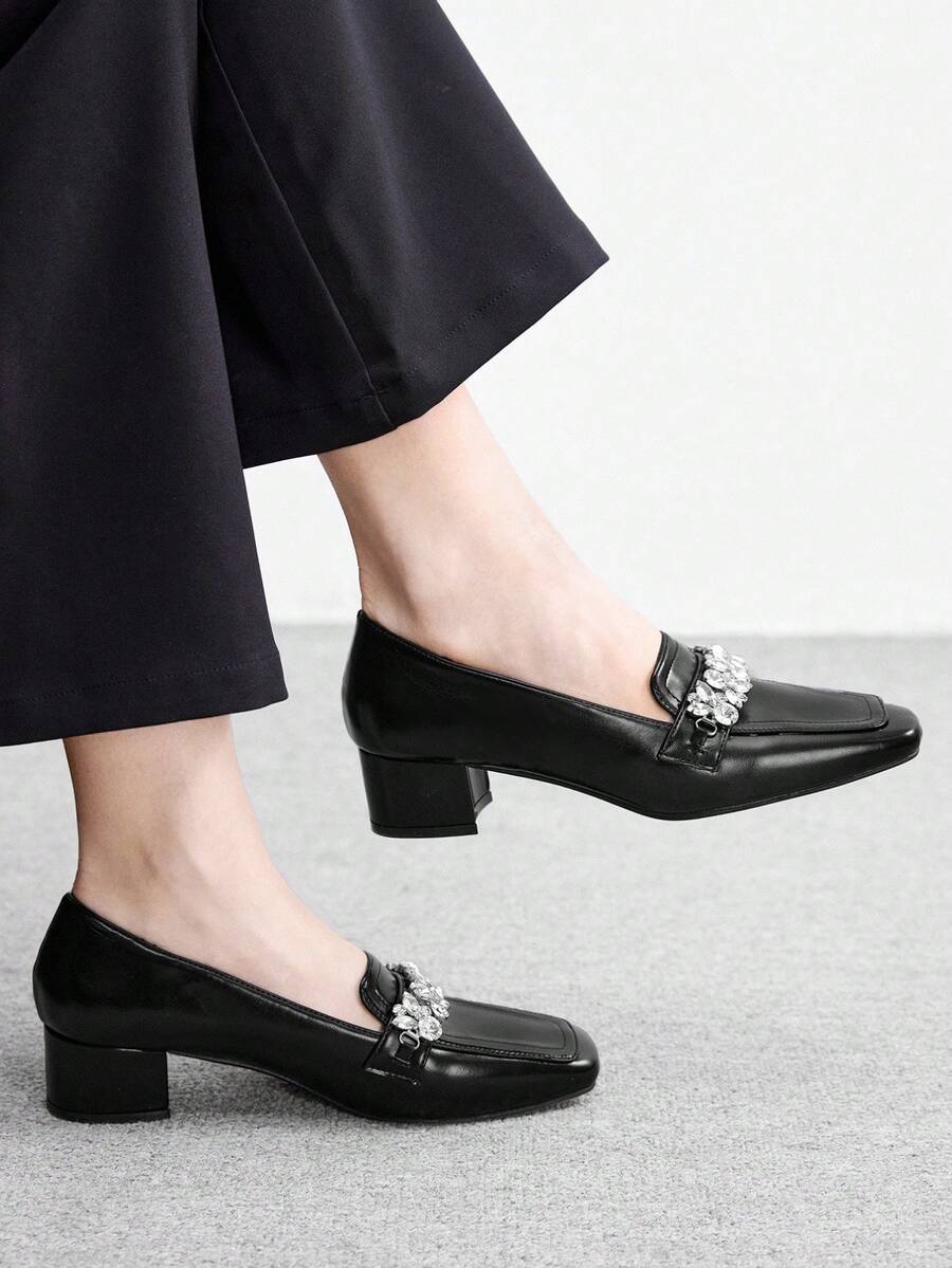 CUCCOO BIZCHIC Women's New Thick Heel Loafers, Fashionable Square Toe Rhinestone Decor Shoes Spring Shoes - Black - View 1