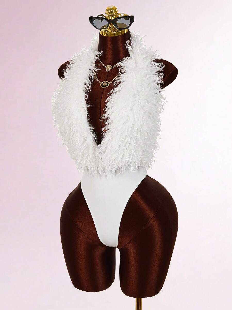 Amplova Wine Red Furry Halter Neck Sexy Bodysuit For Party - White - View 1