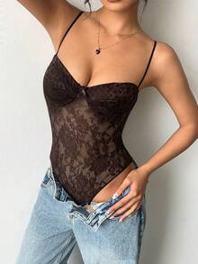Aloruh Women's Sexy Black Lace Camisole, Slim Fit, Summer - Brown - View 4
