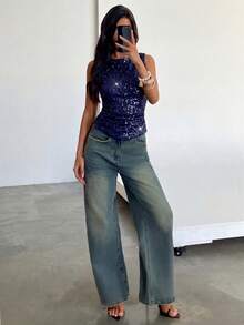 Aloruh Women's Sequin Crew Neck Sleeveless Bodycon Tank Top For Party, Christmas, New Year - Navy Blue - View 7