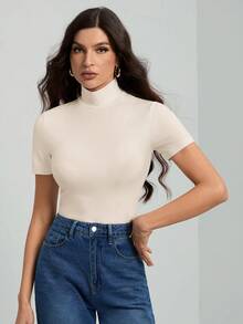 SHEIN Tall 女士纯色基础款黑色高领短袖T恤 - 杏色 - 查看 6