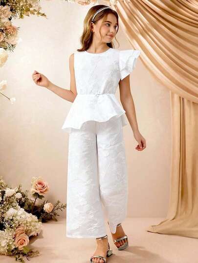 Tween Girls' Fashionable Asymmetrical Design Jumpsuit White Pants Suit Outfit For Teen Girls White Outfit White Outfit For Girls White Pants Set Two Piece Set Tween White Jumpsuit White Jumpsuit For Women White Two Piece Set